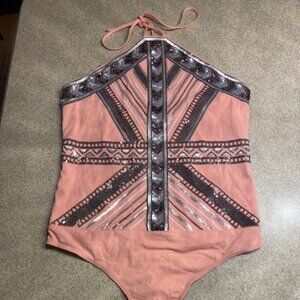 Express Pink Sparkly Halter BodySuit with Open Back